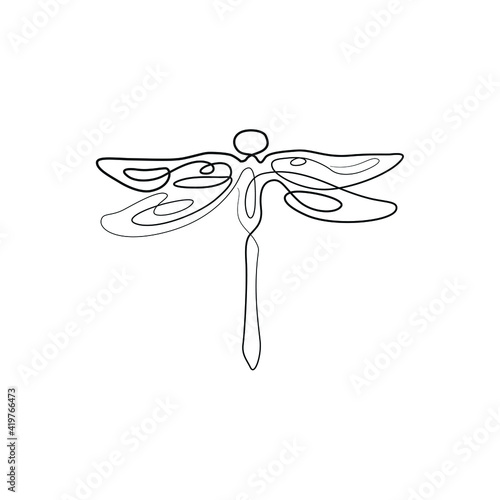 Dragonfly abstract silhouette, continuous line drawing, small tattoo, print for clothes and logo design, emblem or logo design, isolated vector illustration.