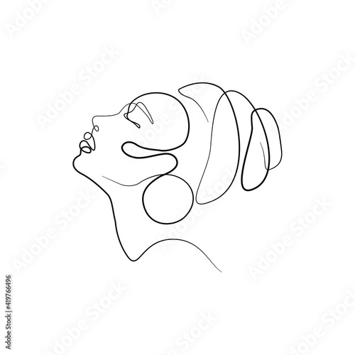 Girl in traditional ethnic headwear turban continuous line drawing, tattoo, print for clothes and logo design, t-shirt, African female silhouette single line on a white background, isolated vector.