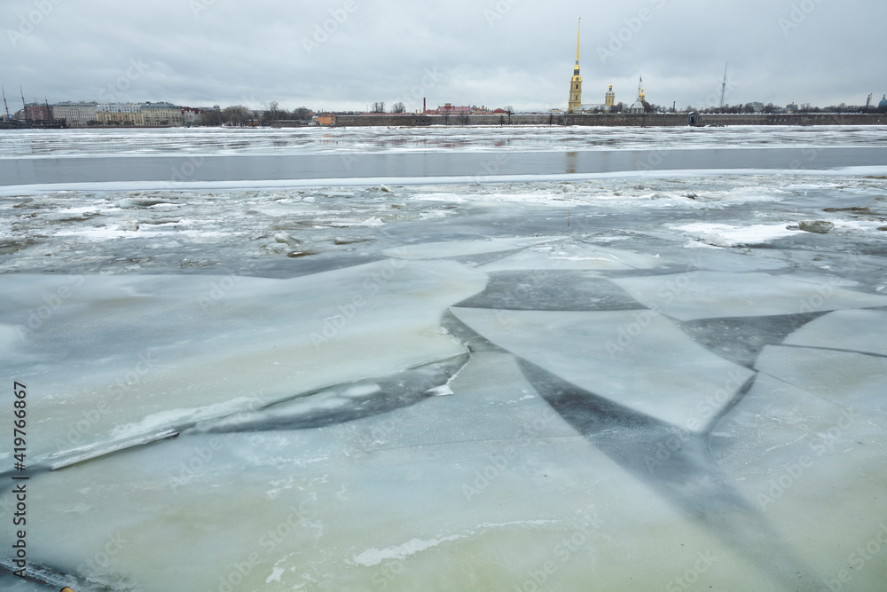 Melting ice on the Neva River.