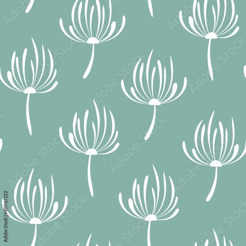 Floral Seamless pattern texture with white dandelion flowers. Powder blue background.