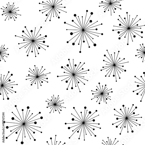 Floral Seamless pattern texture with black abstract dandelion flowers. White background. vector