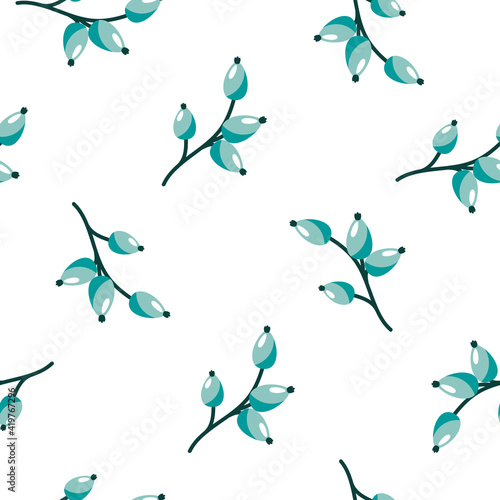 Fototapeta Naklejka Na Ścianę i Meble -  Floral Seamless pattern texture with wild rose blue berries. White background.