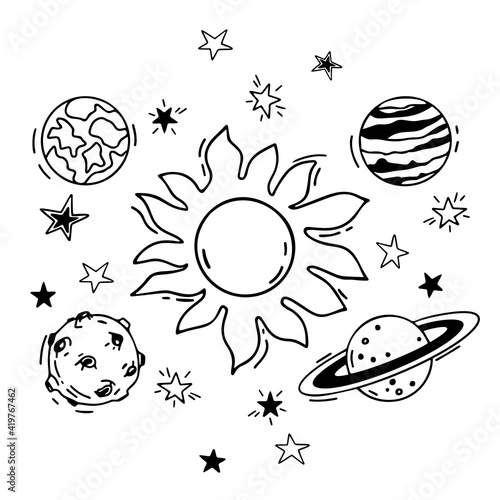 Space, Sun, Planets, Stars. Vector set of elements on an isolated white background. Contour Doodle drawings for space decor, print, stickers, printing on clothes. 