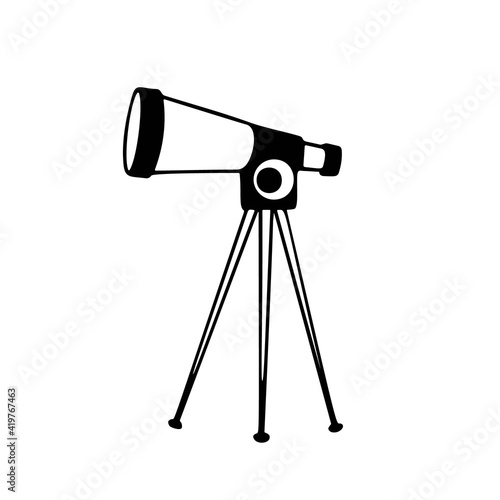 Telescope. Star gazing. Vector outline illustration on isolated white background. Doodle monochrome drawing is suitable for space decor, print, sticker. 