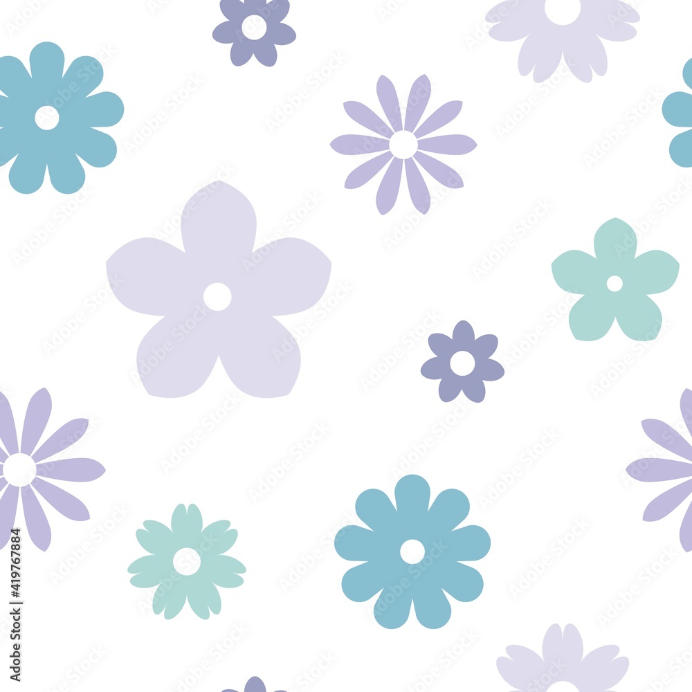 Seamless flower pattern. Cute daisy, camomile blossoms. Flat flowers of blue and violet colors on white background.