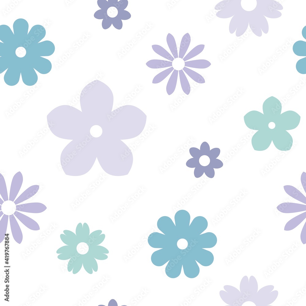 Seamless flower pattern. Cute daisy, camomile blossoms. Flat flowers of blue and violet colors on white background. Seamless flower pattern. Cute daisy, camomile blossoms. Flat flowers of blue and violet colors on white background.
