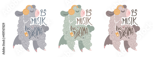 Be Music, No Drama. Set of cute curly llamas in headphones with a music player. Vector illustration with lettering for coloring pages, children prints and publications