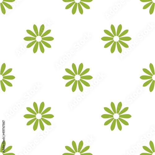 Seamless camomile flower pattern. Green flat blossoms on white background.