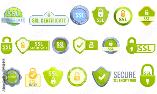 SSL certificate icons set. Cartoon set of SSL certificate vector icons for web design