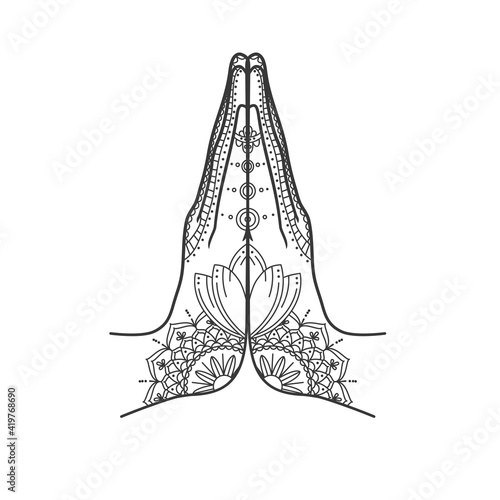 Mudra Namaste. Ornate hands folded in a welcome gesture. Mehendi - henna ornament on body. Vector illustration