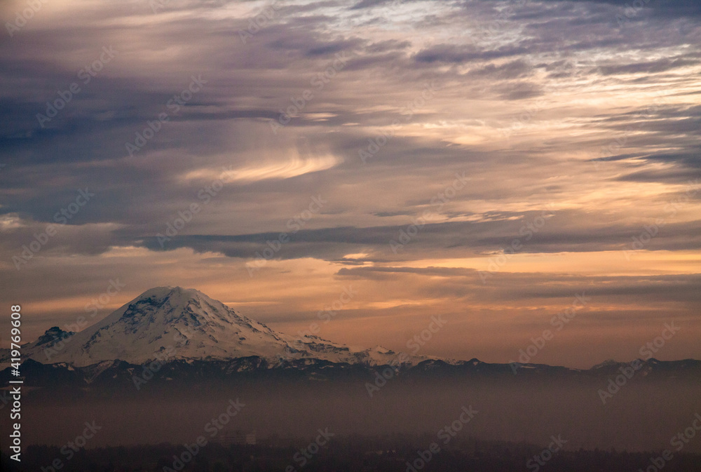 dramatic sunset in Seattle overlooking Mt Rainier.