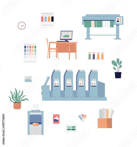 Equipment of printing services set of flat vector illustrations isolated.