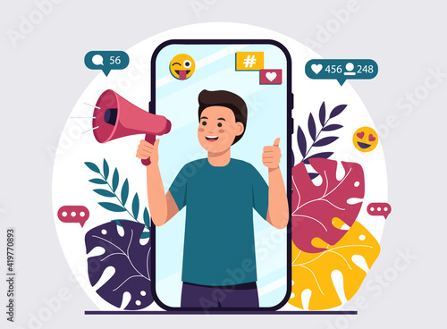 Male video blogger making announcements with a megaphone. Male blogger, healthy lifestyle, proper nutrition, weight loss. Vector illustration in flat style.