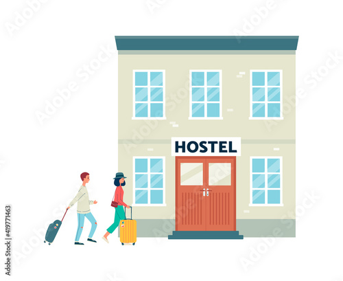 Couple travelers, tourists or students goes in hostel a vector illustration.