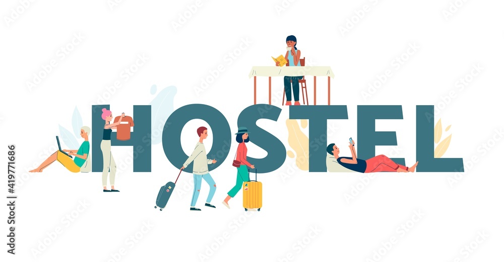 Obraz premium Banner for hostel with big word and tourists flat vector illustration isolated.