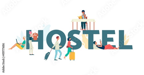 Banner for hostel with big word and tourists flat vector illustration isolated.