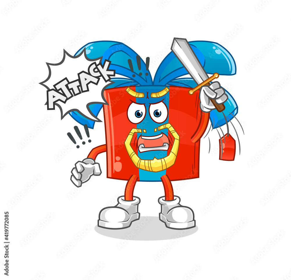 Naklejka premium gift knights attack with sword. cartoon mascot vector