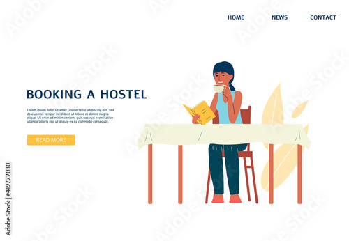 Website for hostels booking with traveling student, flat vector illustration.