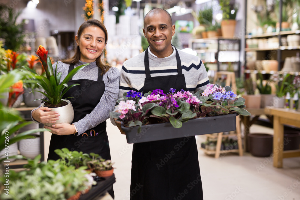 Positive flower shop workers holding pots of flowers