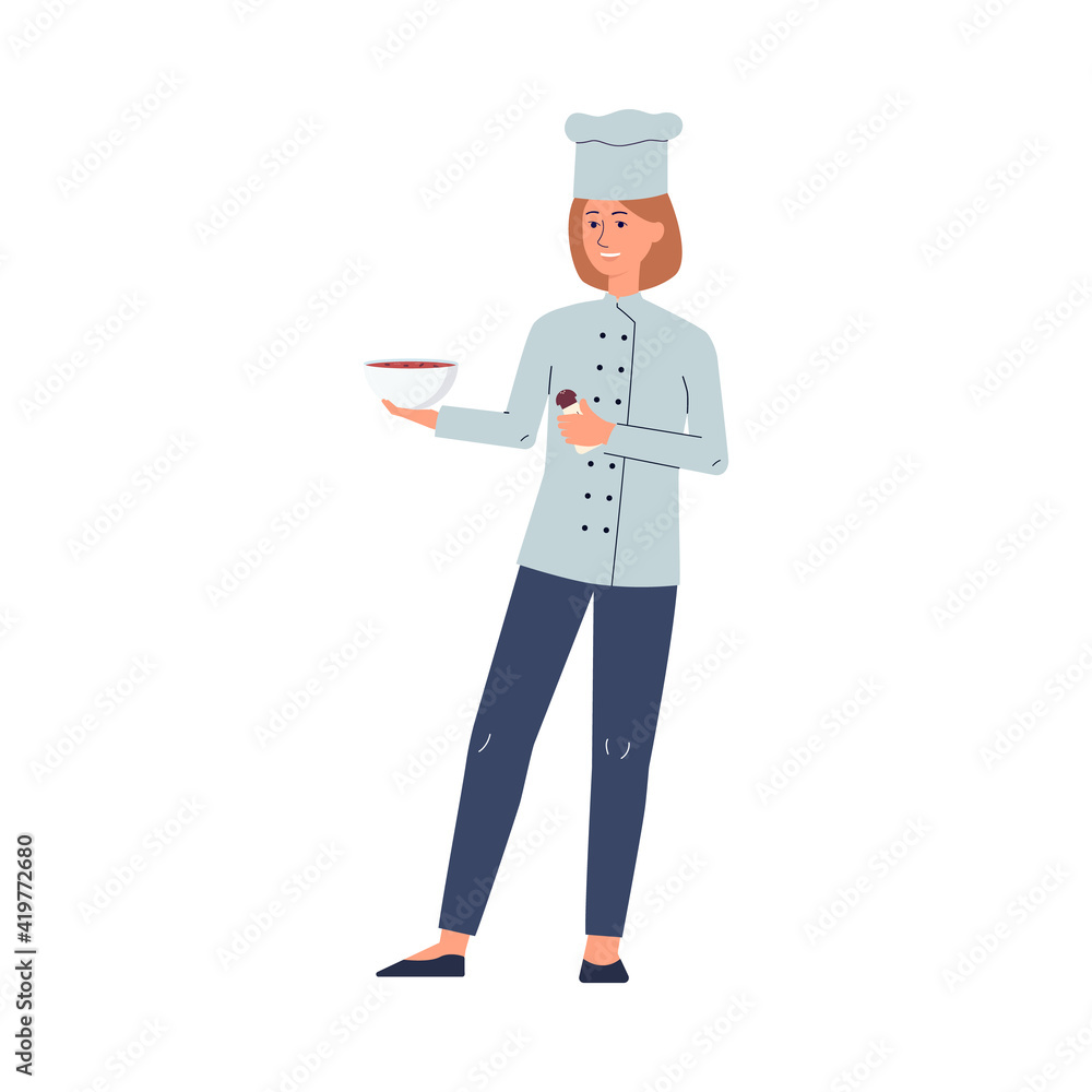 Restaurant staff, cafe worker chef, smiling female character cook. Restaurant staff, cafe worker chef, smiling female character cook.