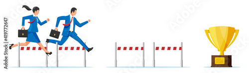 Business man and woman competing in steeplechase race. Businesswoman and businessman jumping over barrier. Financial crisis. Risk management challenge. Achievement and goal. Flat vector illustration