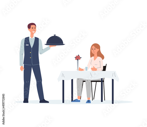 Waiter serves a dish to a client in restaurant flat vector illustration isolated.