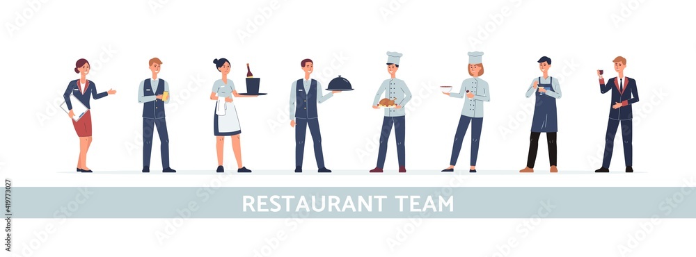 Restaurant team of chefs cooks and waiters, managers flat vector illustration. Restaurant team of chefs cooks and waiters, managers flat vector illustration.