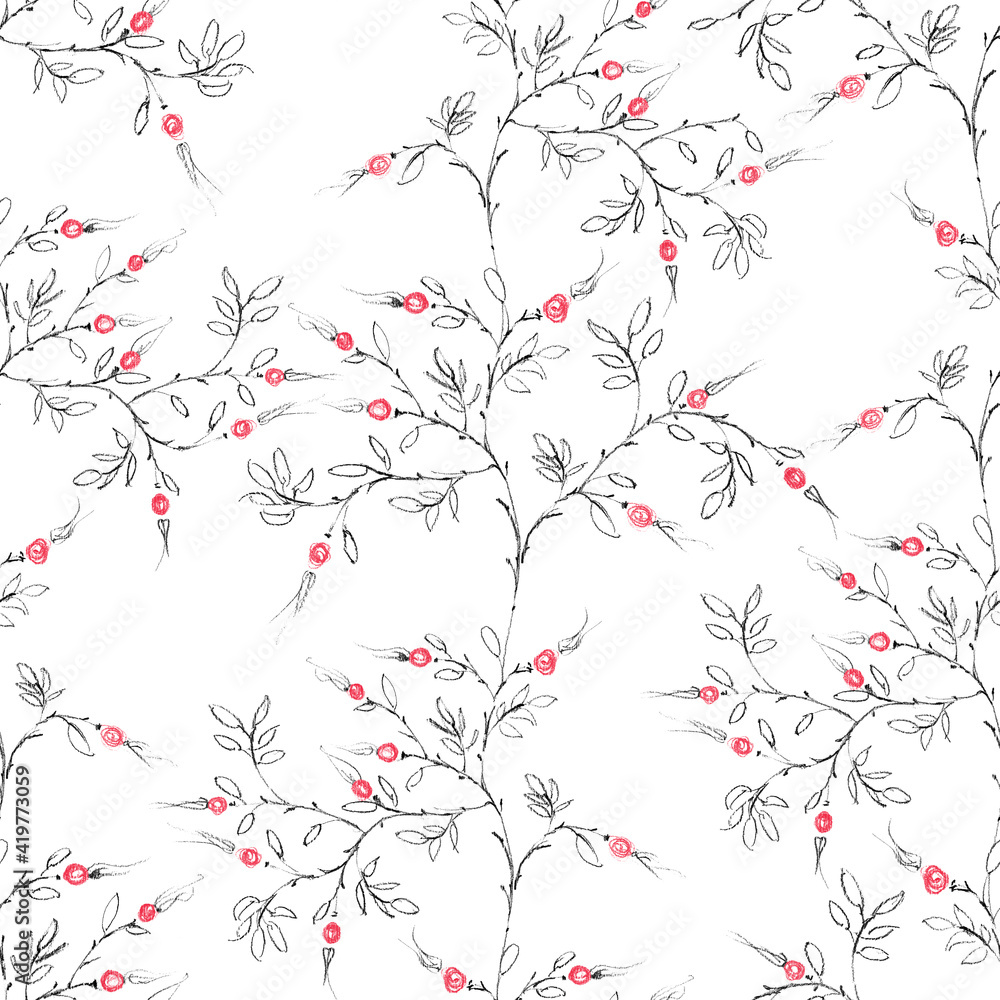 graphic drawing of a rosehip tree on a white background, drawn seamless pattern of branches with red fruits and leaves, pencil strokes