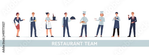 Restaurant team of chefs cooks and waiters, managers flat vector illustration.