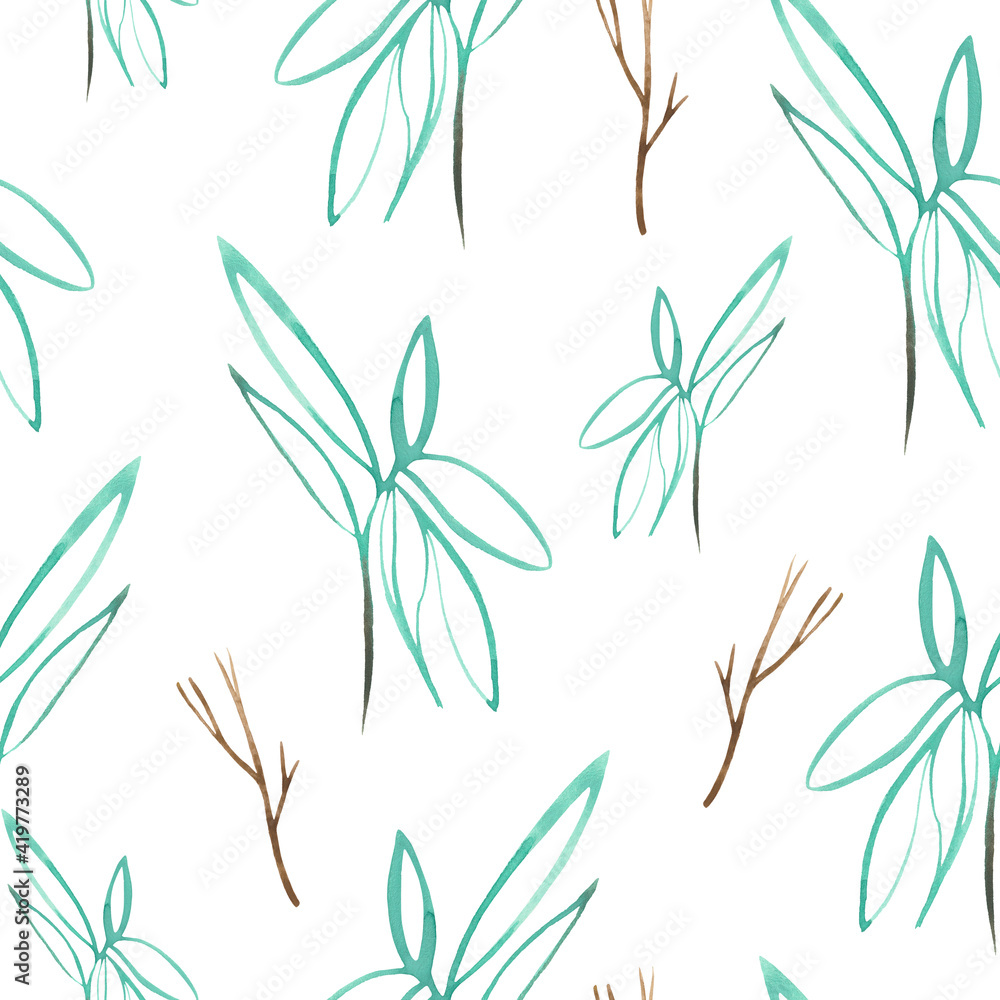 Watercolor pattern of leaves and plants dedicated to wedding and spring.