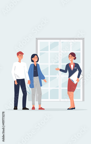 Restaurant hostess greeting client couple at the door, cartoon woman