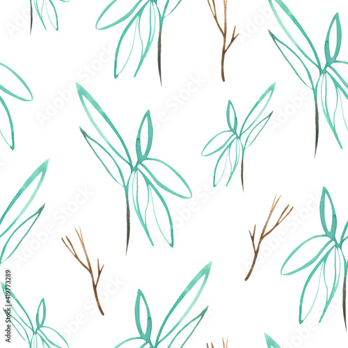 Fototapeta Naklejka Na Ścianę i Meble -  Watercolor pattern of leaves and plants dedicated to wedding and spring.
