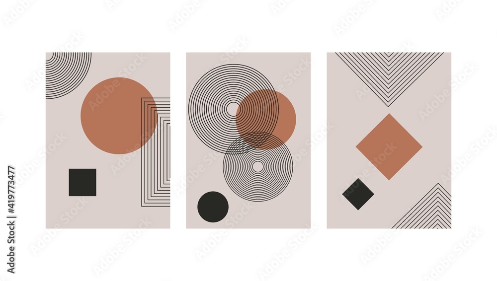 Set of abstract contemporary with geometric shapes. Design for wallpaper, background, wall decor, cover, print, card, branding. Modern boho minimalist art. Vector 