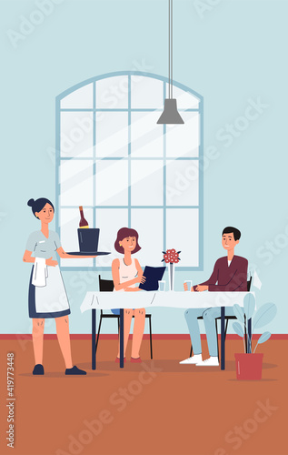 Restaurant staff waitress serving couple a vector flat illustration