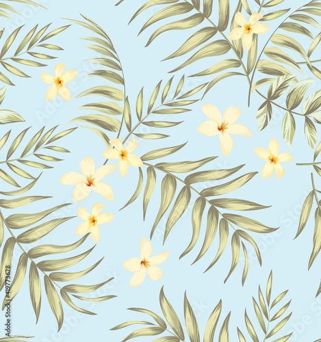 Tropical vector seamless background. Jungle pattern with exitic flowers, and palm leaves. Stock vector. Jungle vector vintage wallpaper