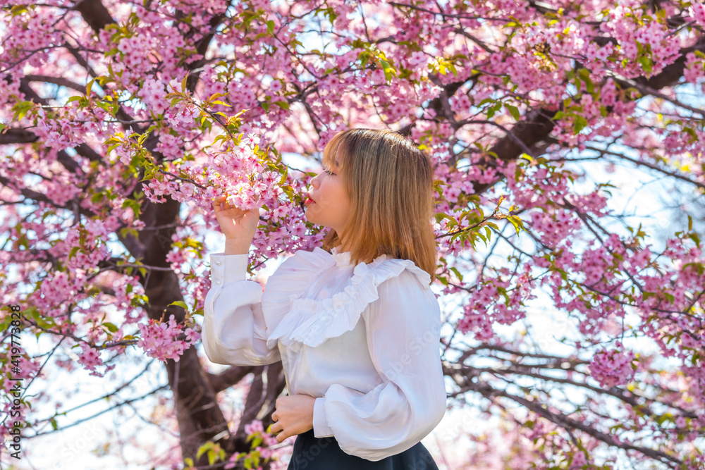 河津桜と若い女性