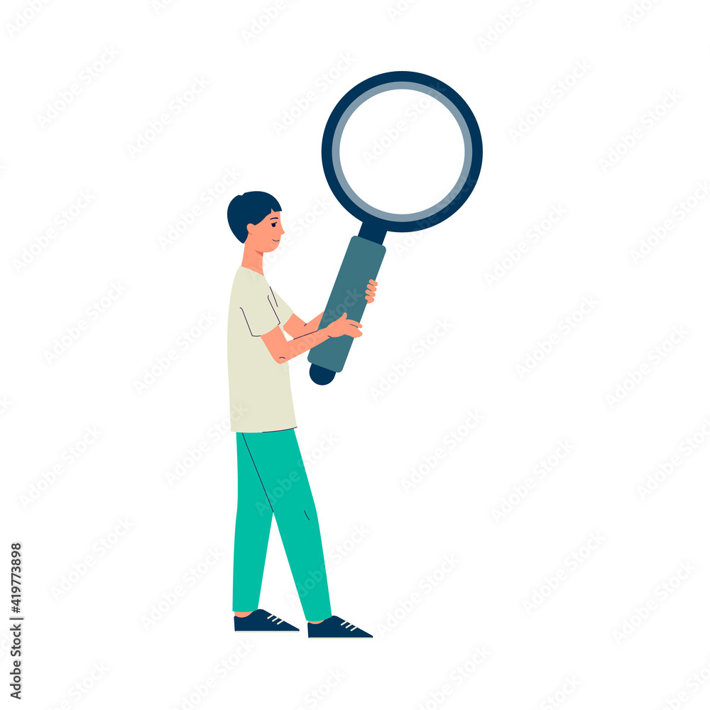 Man holding big magnifying glass - cartoon boy with looking glass Man holding big magnifying glass - cartoon boy with looking glass