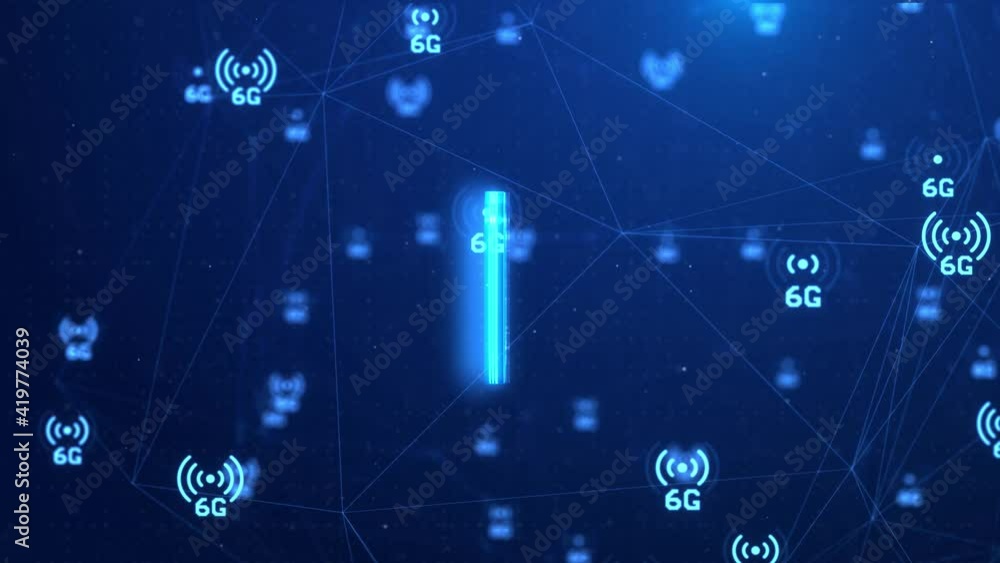 4K 6G mobile communications, Data transmission and digital wireless network cyber. 6G symbols loop animation. Abstract digital background of future technology and business. internet of things IOT 4K 6G mobile communications, Data transmission and digital wireless network cyber. 6G symbols loop animation. Abstract digital background of future technology and business. internet of things IOT