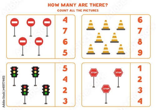 Counting game with traffic lights and signs. Math worksheet.