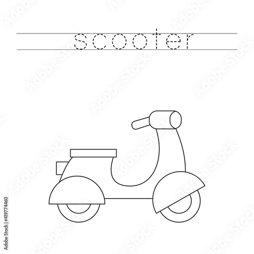 Tracing letters with cartoon motor scooter. Writing practice.