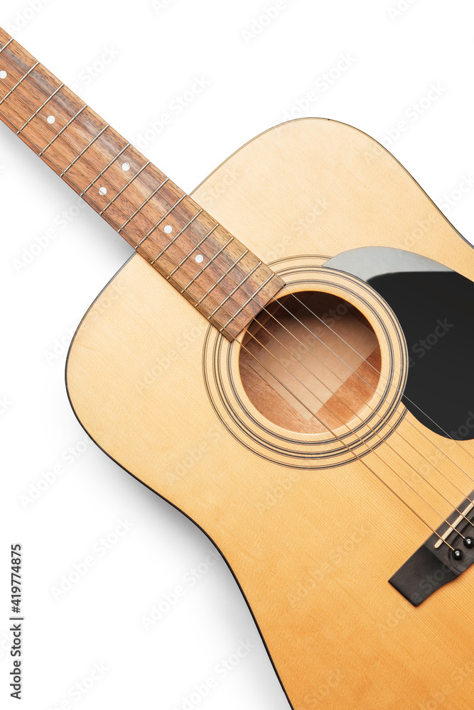 Acoustic guitar on white background, closeup Acoustic guitar on white background, closeup