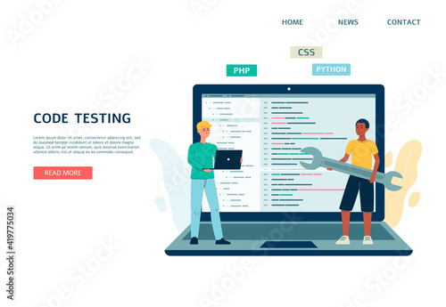 Code testing, programming, debugging application a vector landing page template.