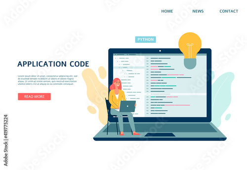 Application code test website banner template flat vector illustration.