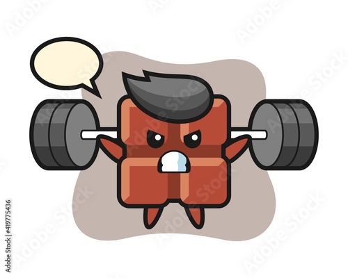 Chocolate bar mascot cartoon with a barbell