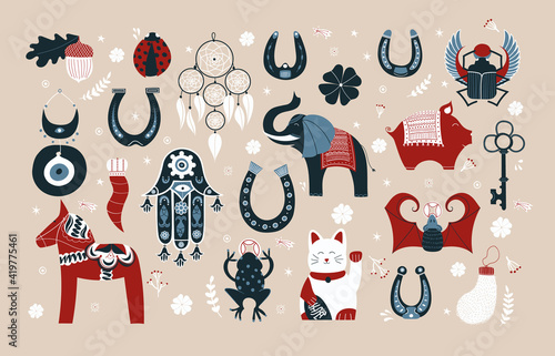 Set of lucky charms, symbols, amulets, talismans. Good fortune symbols clipart. Symbols of good luck, prosperity and success. Horseshoe, clover, Maneki Neko, dala horse, evil eye, dreamcatcher
