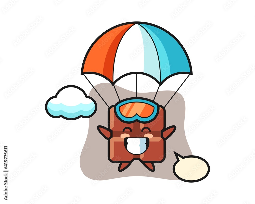 Chocolate bar mascot cartoon is skydiving with happy gesture Chocolate bar mascot cartoon is skydiving with happy gesture