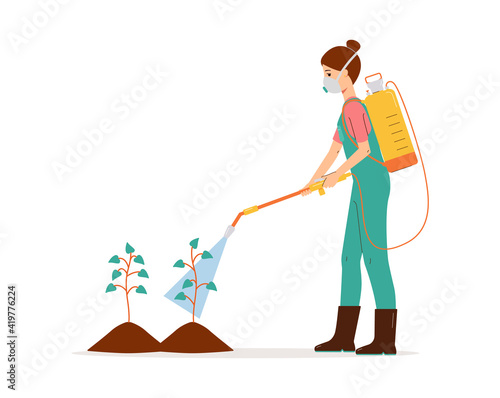 Person spraying chemical pesticide on plants. Cartoon agriculture worker