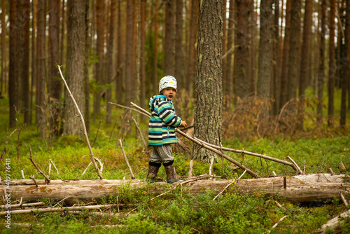a three-year-old boy plays in the woods, selective focus