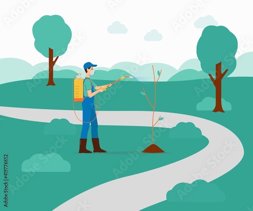 Farmer or gardener sprays pesticides on plants flat vector illustration.