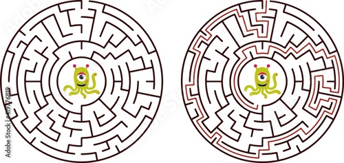 round maze. Game for kids. Children s puzzle. Many entrances, one exit. Labyrinth conundrum.